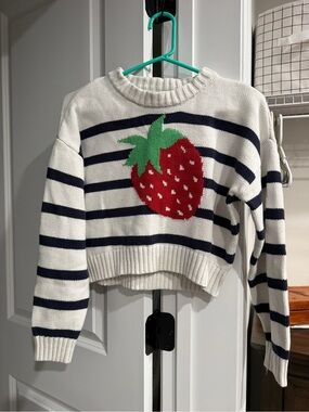 Freshman 1996 Sweater Juniors Small White Striped Strawberry Cropped Pullover